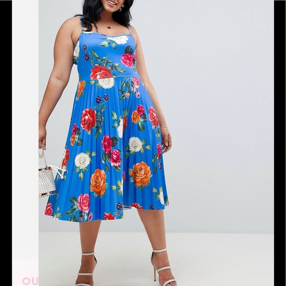 ASOS Design Curve scuba floral cami pleated midi skater dress - Picture 1 of 4